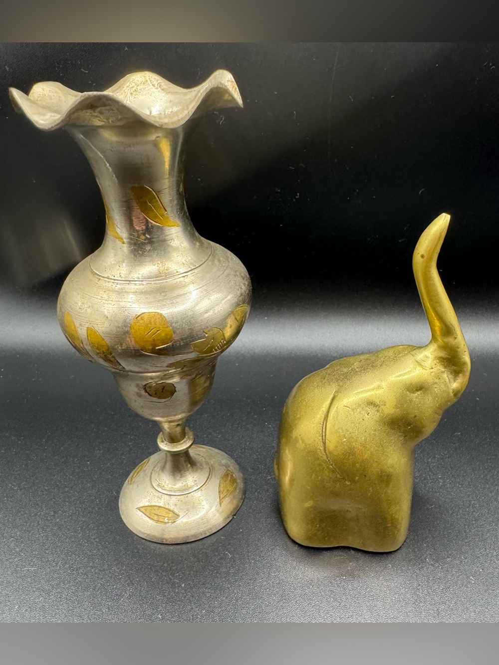 Vintage Brass Elephant Bell & Etched Silver Plated Bud Vase Boho Decor Lot